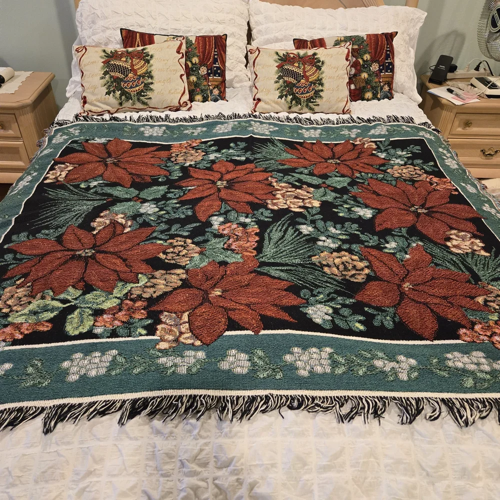Festive Vintage Holiday Throw Blanket – Poinsettia & Pine – 60